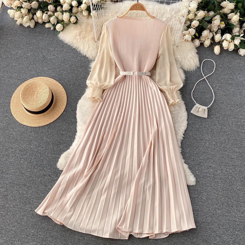 Vestido plisado francés de primavera para adelgazar - Elegante falda larga que ciñe la cintura