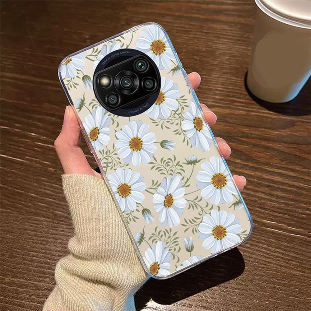 Daisy Flower Love Heart Phone Case For Xiaomi Poco X3 X4 M4 X5 X6 Pro Artistic Marble Couple Clear Transparent Shockproof Cover