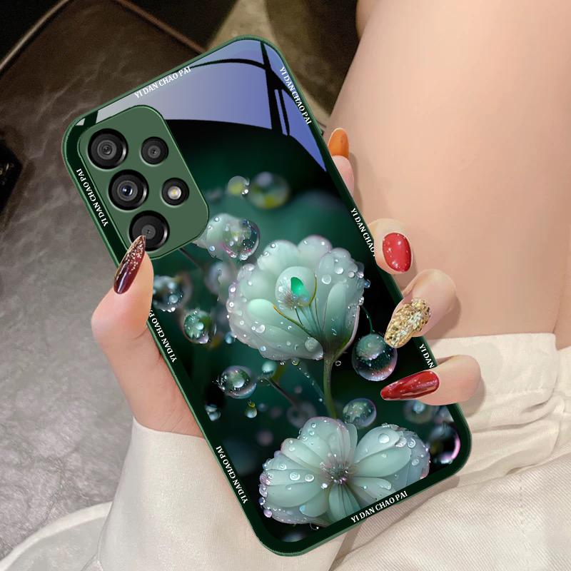 Dewdrop Flower White For Samsung Galaxy S10 4G S20 11E 30 S21 21Fe 22 S24 Pro S23 Ultra 5G S8 S9 Tempered Glass Phone Case