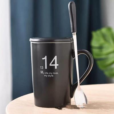 Creative Ceramic Mug Set with Black Lid & Spoon (2-Pack)