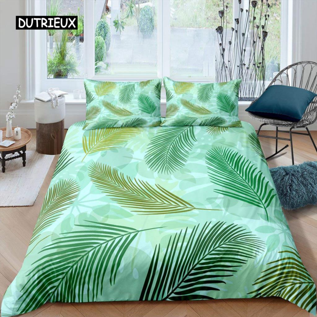 Palm Leaves Duvet Cover King Full Banana Leaves Bedding Set Hawaiian Tropical Leaves Green Branches 2/3pcs Polyester Quilt Cover