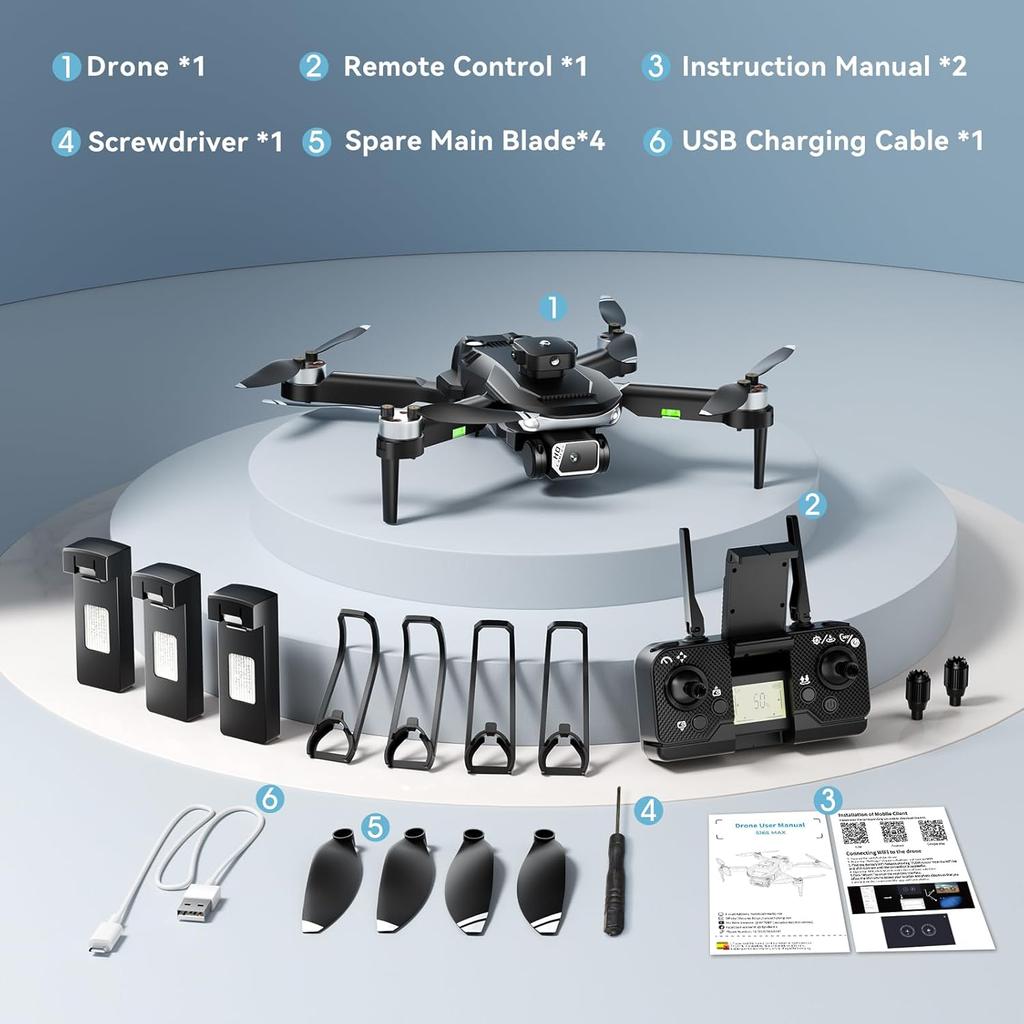 S165max Drones with 1080P HD Camera for Adults Brushless Motor Drone with Propeller Guards, 3 Batteries, FPV Foldable Drone with One Button Take