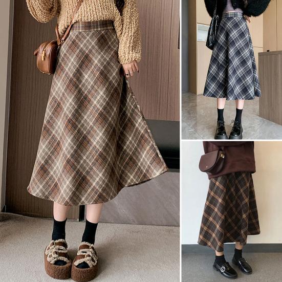 Women Midi Skirt High Waist A-Line Woolen Skirt Plaid Pattern Slimming Mid-calf Skirt Daily Home Street Wear