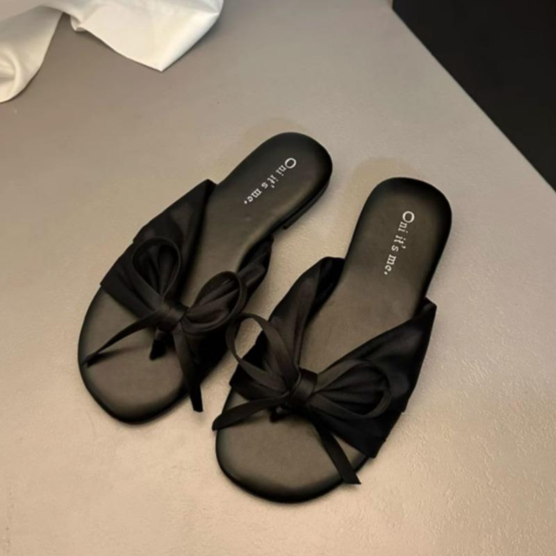 Fashion Summer New Slippers Women's Fashion Round Head Clip Toe Butterfly Knot Soft Soles Anti-slip Wear-resistant Flat Shoes