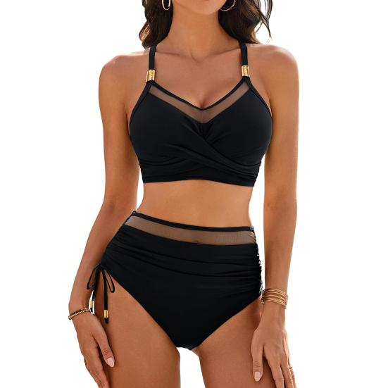 2 ks/sada Dámské letní bikini souprava s výstřihem do V s výstřihem podprsenka s vysokým pasem na straně se stahovací šňůrkou plavky Sada na dovolenou k bazénu