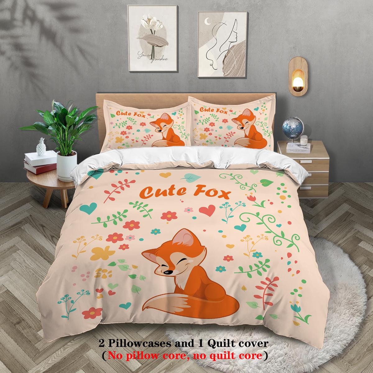 

3pcs cartoon cute fox pattern printed bedding set, 1*duvet cover+2*pillowcase, suitable for girls and teenagers bedroom 135x200cm-EU-Single