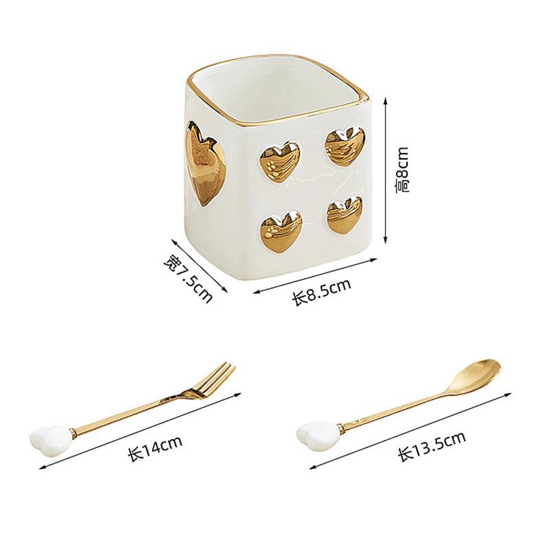 Luxury Gold-plated Ceramic Fork and Spoon Storage Jar Stainless Steel Fruit Fork and Spoon Box Modern Heart Ceramic Storage Jar