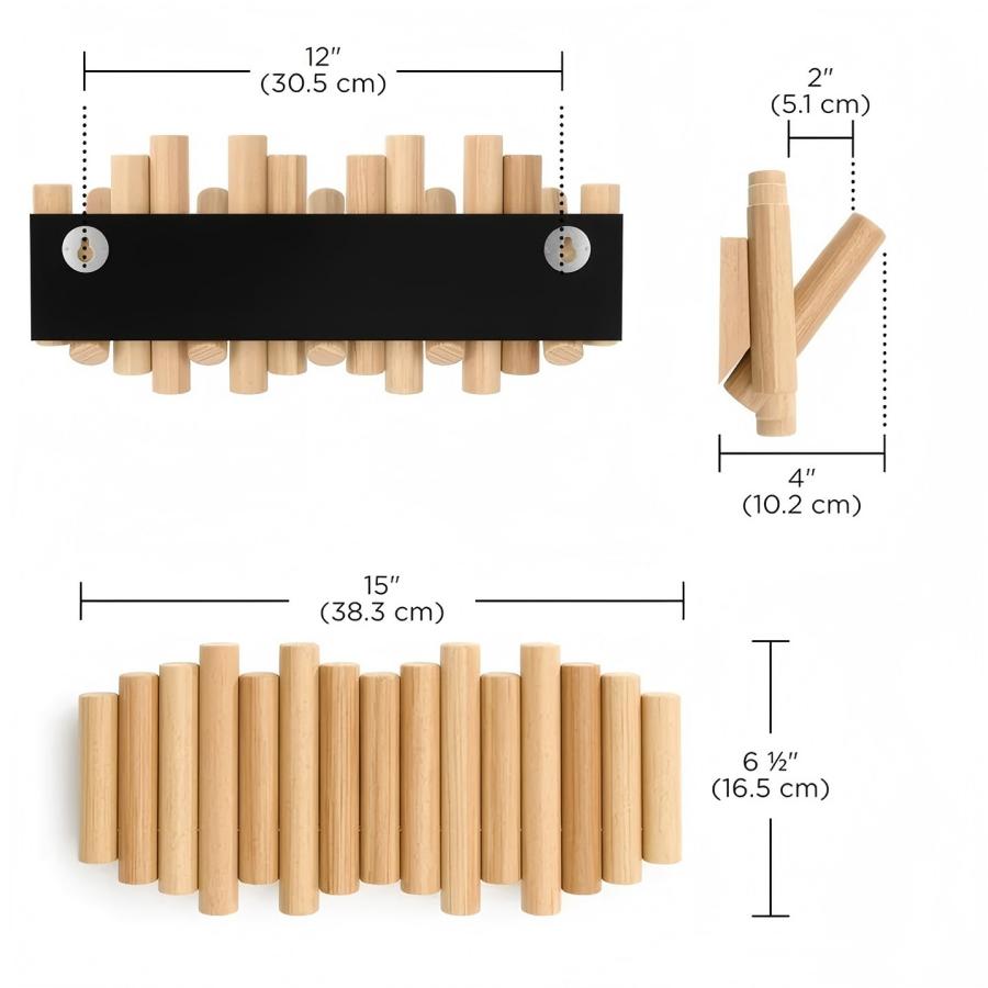 Wall-Mounted Coat Rack Rail Hook with 5 Retractable Wood Pegs – Modern, Space-Saving Storage Organizer,Aged Walnut