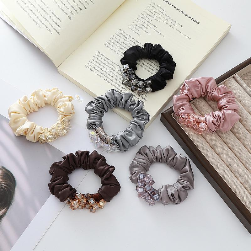 Luxury Silk Rhinestone Scrunchie with Square Crystal for Women's Bun