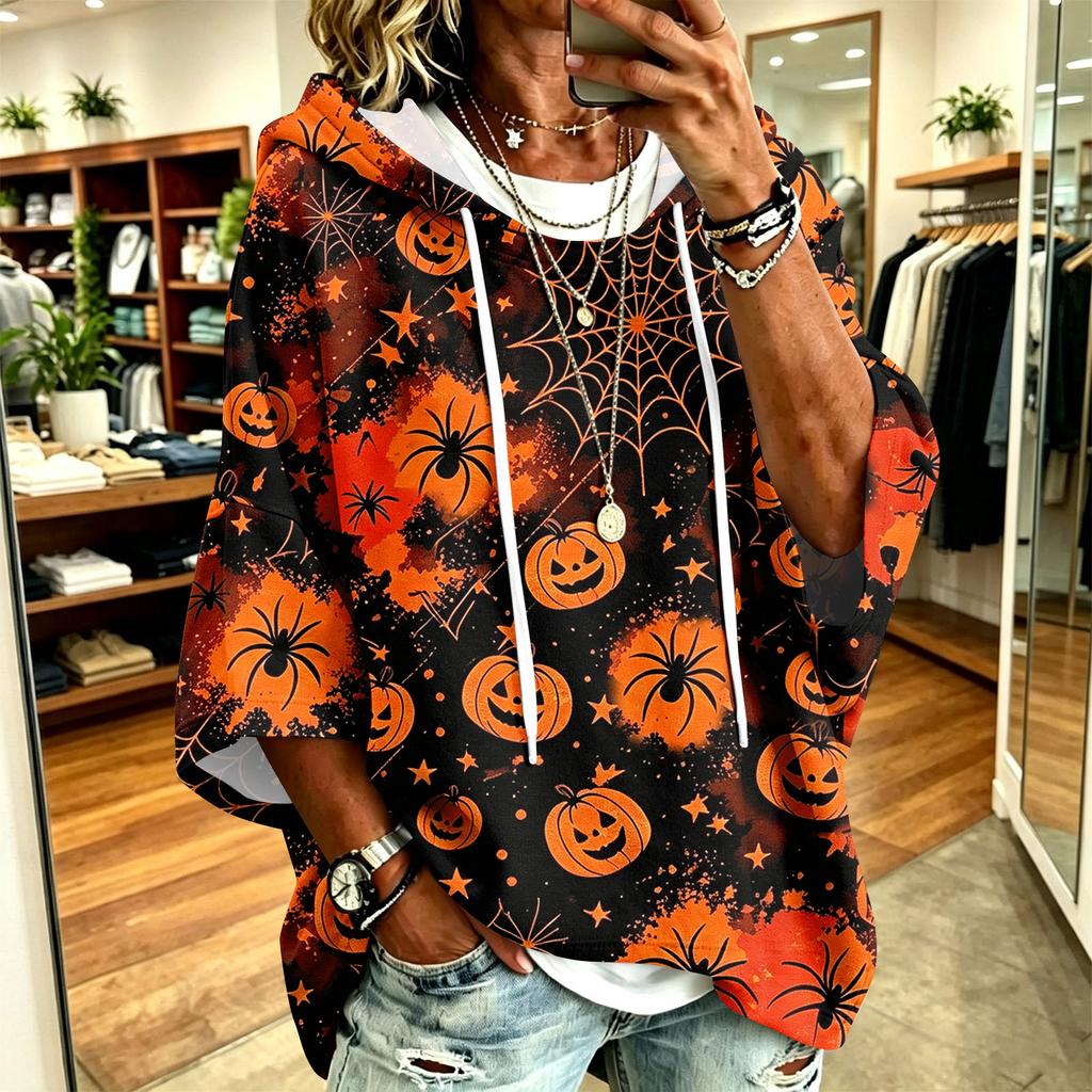 Women's Hoodie with Halloween Print, Loose Fit Casual Pullover Top