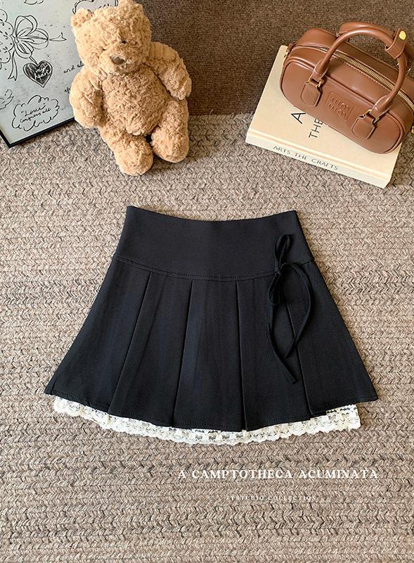 

Plus Size Korean Academy Style Bowknot Pleated Lace Patchwork A-line Skirt L (for 50-60 kg) чёрный