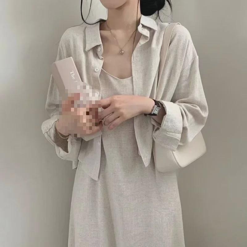 Chic Korean Spring/Autumn Retro Style Suspender Dress + Shirt Jacket Set for Women