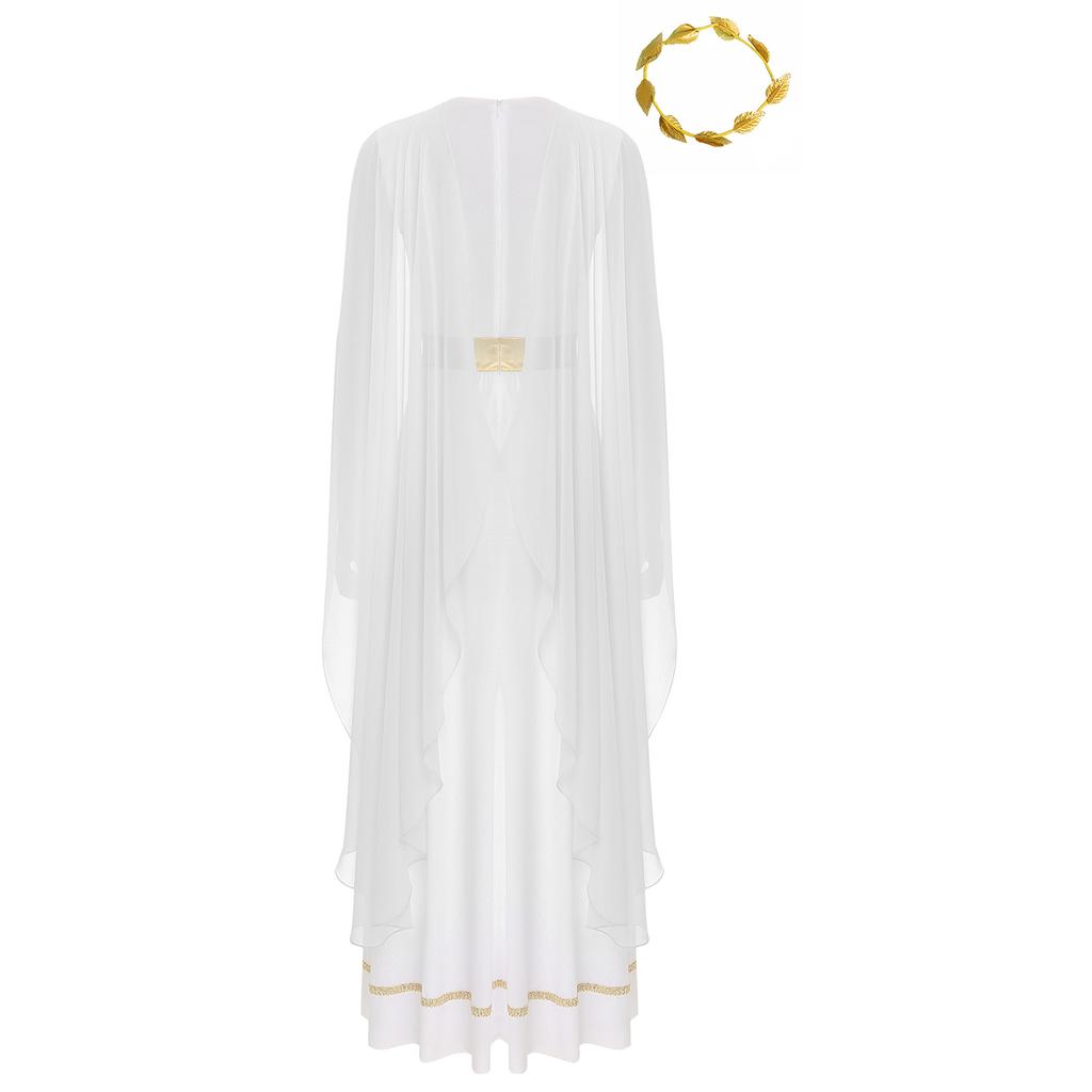 Damen Halloween Griechische Schönheits Kostüm Goldene Blätter Girlande Kopfschmuck Chiffon Kappenärmel Antikes Toga Kleid