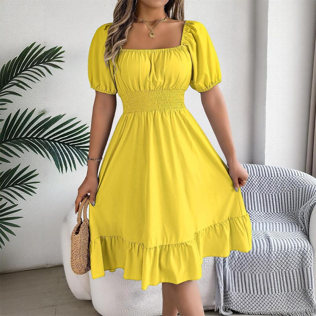 Women's Fashionable Retro Color Square Collar Fungus Hem Waist A-line Long Skirt Short-sleeved Dress