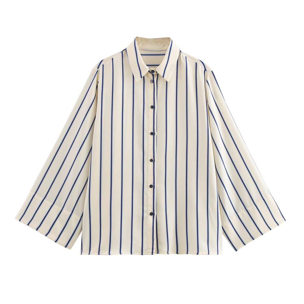2025 Spring Women's Versatile Striped Wide-Sleeve Shirt with Turn-Down Collar