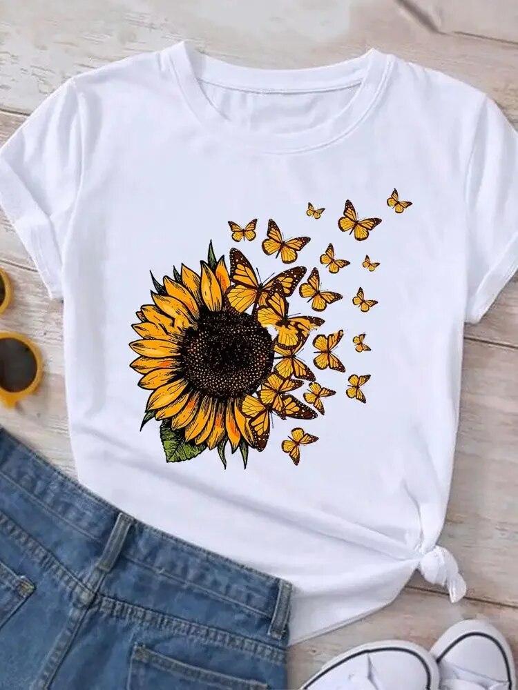 Graphic T Shirt Sunflower Butterfly Cute Summer Casual Clothing Short Sleeve Women Print Fashion Clothes Tee T-shirt FeUnisex Top