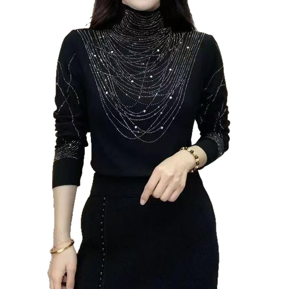 Cross2026 Elegant Slimming Semi-High Collar Long Sleeve Top with Hot Drill Detailing for Fall/Winter