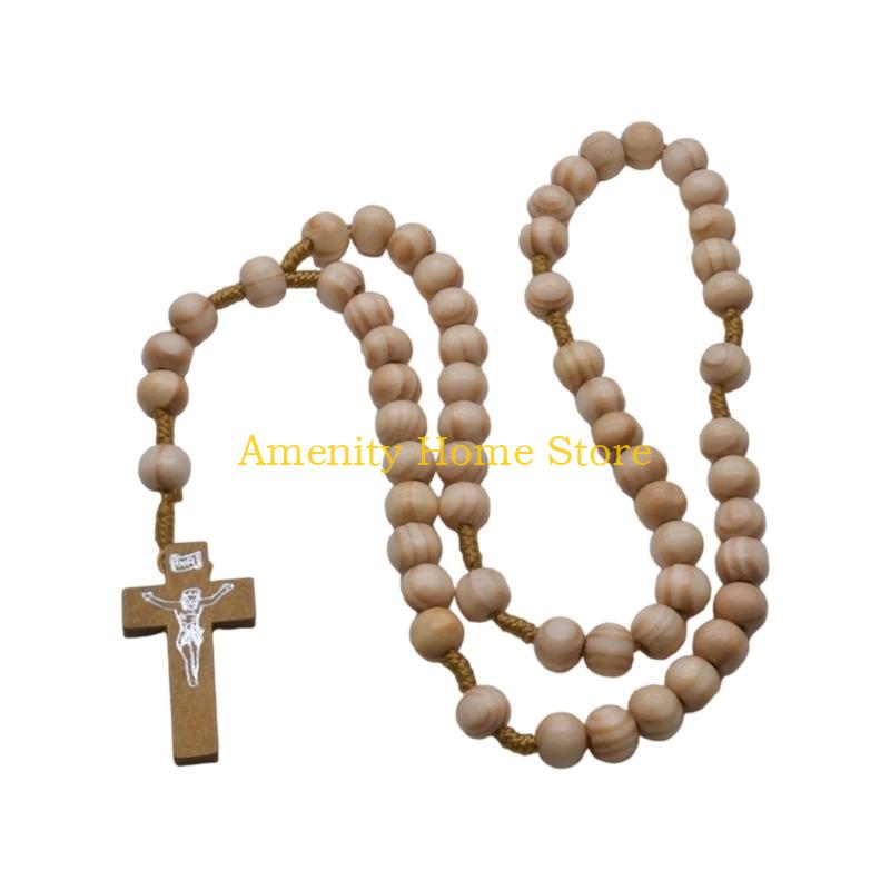 F26C Elegant Catholic Rosary Necklace with Solid Wood Beads and Wooden Crosses Prayer Neckchain for Baptisms Ceremonies Gift