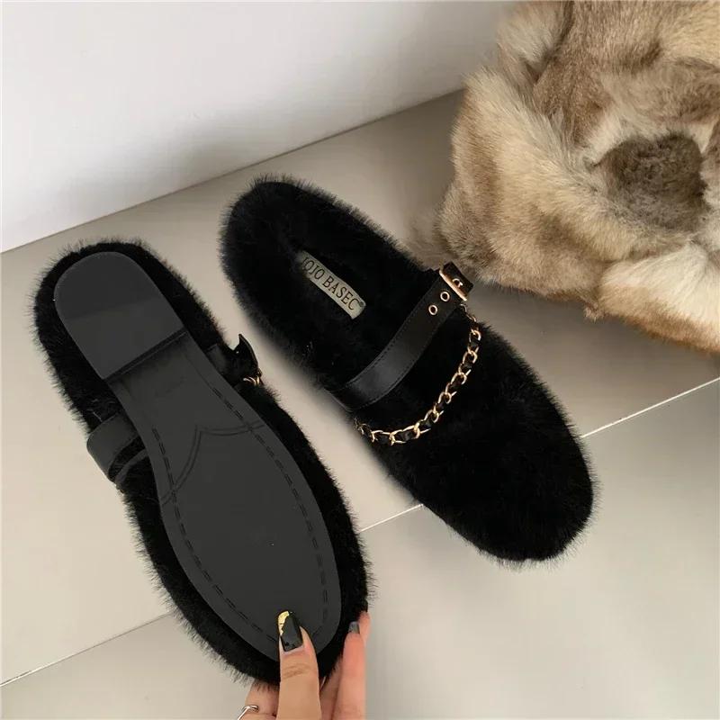 

Дизайнерские весенне-осенние женские теплые меховые туфли, модные женские туфли без шнуровки на плоской подошве с круглым носком, женские туфли Мэри Джейн 40 чёрный