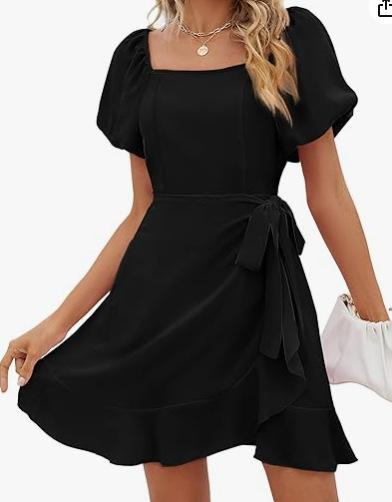 European Beautiful Women's Square Neck Solid Color Bubble Sleeve Dress Summer Lace-up Waist Dress Women
