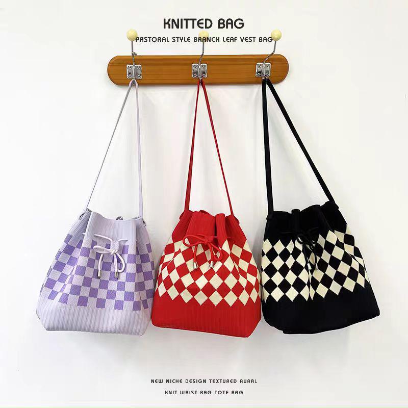Korean Style Knit Shoulder Bag with Drawstring & Magnetic Snap - Versatile, Large Capacity Tote for Women