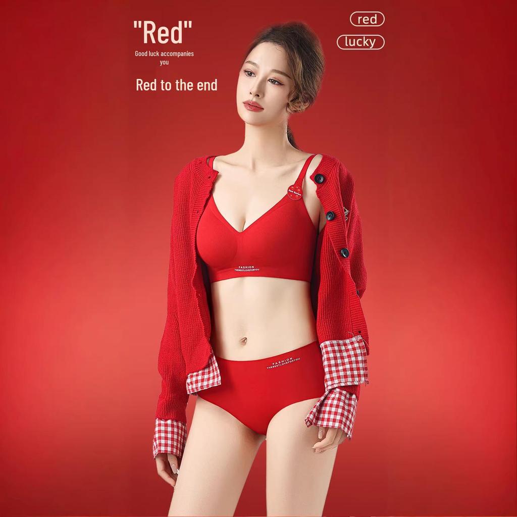 New Year Festive Red Seamless Push-up Wireless Bra and Triangle Panties Set
