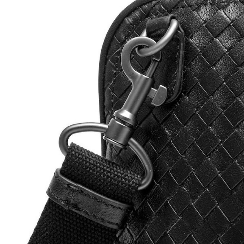 Mens Genuine Leather Woven Handheld Crossbody Bag Daily Commute Black Gray Navy Coffee Beige