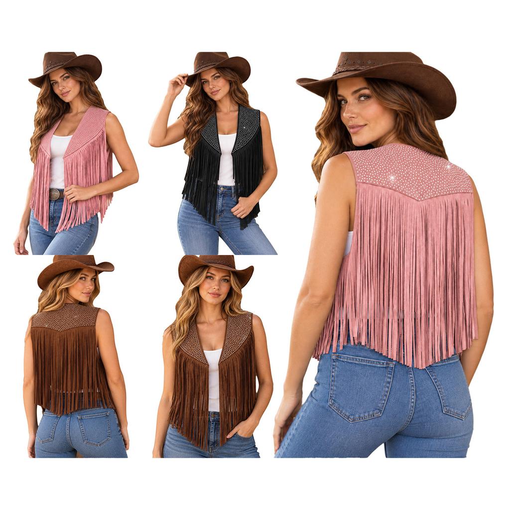 Women Cowgirl Costume Rhinestones Faux Suede Tassels Vest