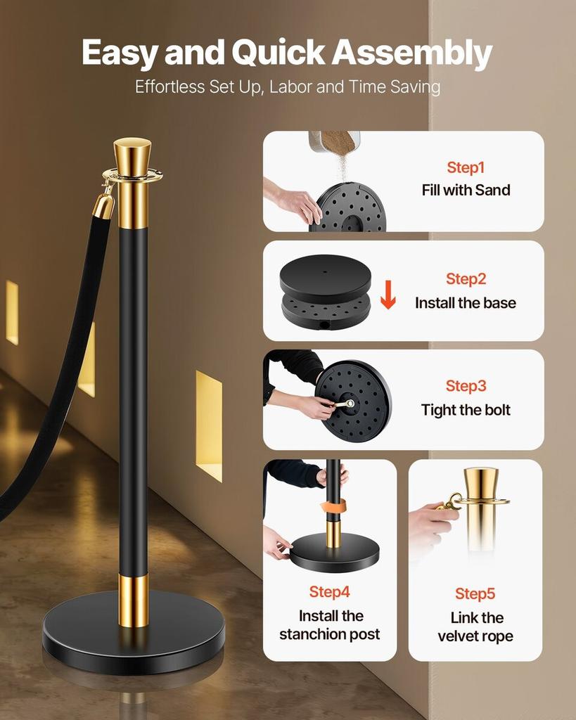 6 Pcs Stanchion Post with 4 Black Velvet Ropes Sand Injection Hollow Base
