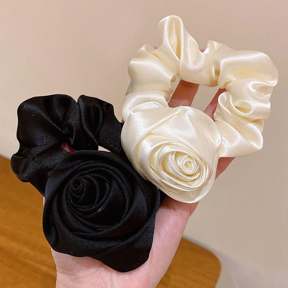 Women Girl Hair Accessories Satin Gloss Hair Scrunchie Rose Hair Rope Hair Bands Flower Hair Ring
