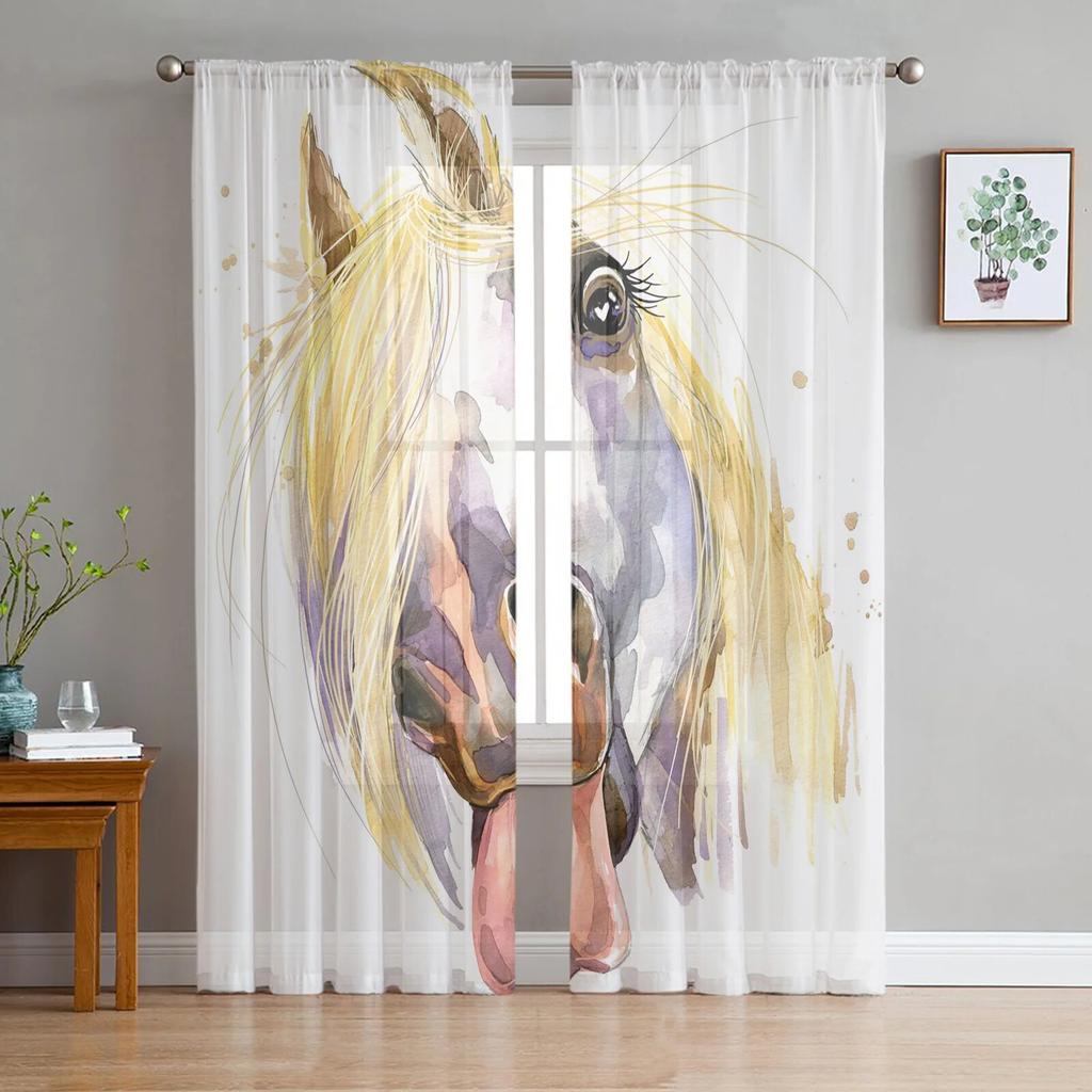Black White Horse Watercolor Painting Modern Tulle Curtains for Living Room Bedroom Home Kitchen Window Sheer Curtains