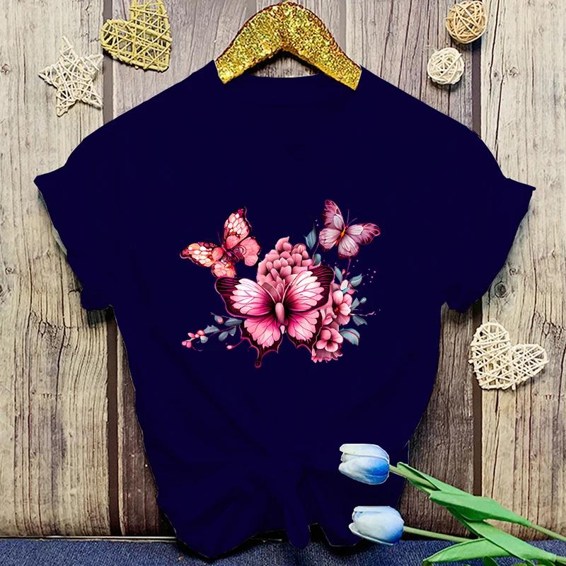 Flowers Butterfly Print Tshirt Summer Fashion Casual Short Sleeve Round Neck Tops Women/Mens T-Shirts