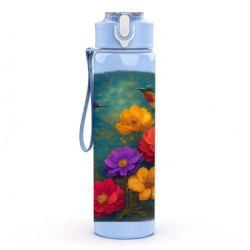 1PC Colorful Round Bouquet Flower Print 750ml Color Plastic Sports Water Bottle Leakproof Flip Straw Lid Suitable for Sports Office Home Use