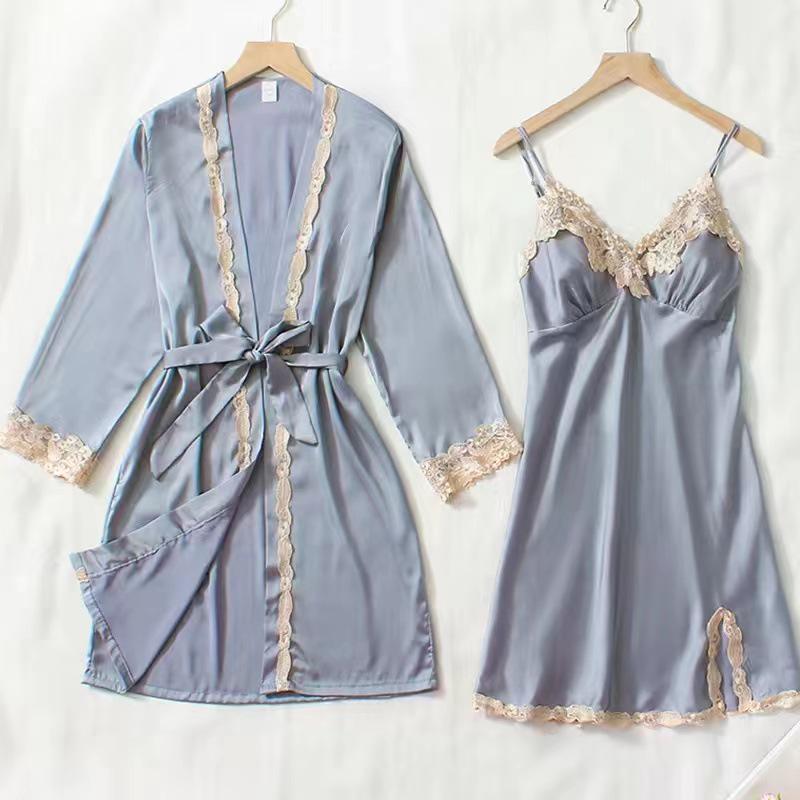 Women's Summer Silk Pajama Set: 5-Piece Long Sleeve, Lace Trim Camisole, Shorts & Pants