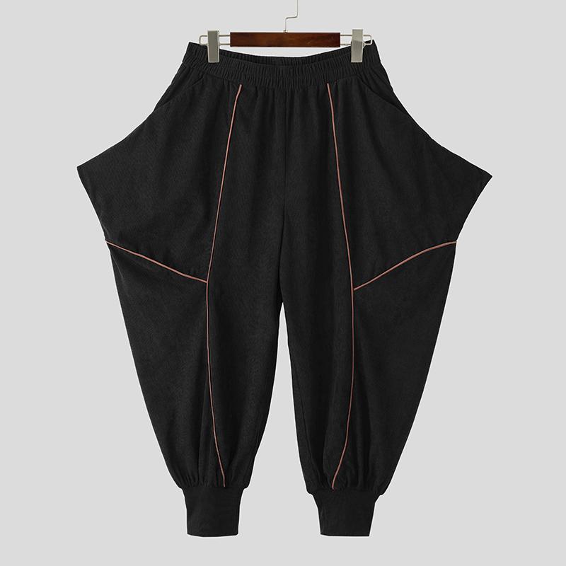 INCERUN Men Elastic Waist  Stitching Casual Long Texture Drop-crotch Pants Trousers