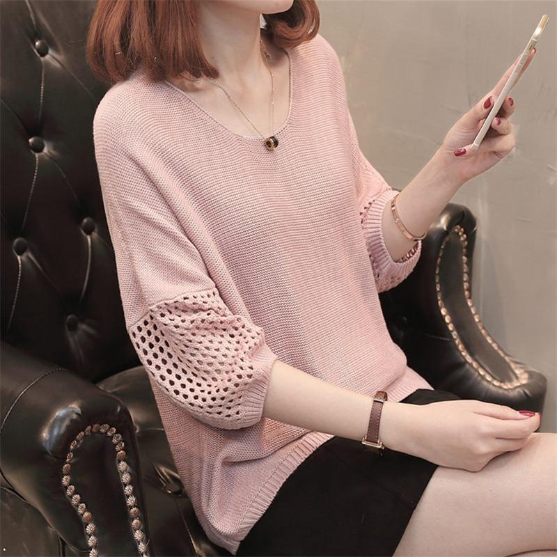 Knit Short Sleeve Top Women Mesh Lace Thin Student Spring Autumn Shirt Loose Mid Sleeve Cover Up