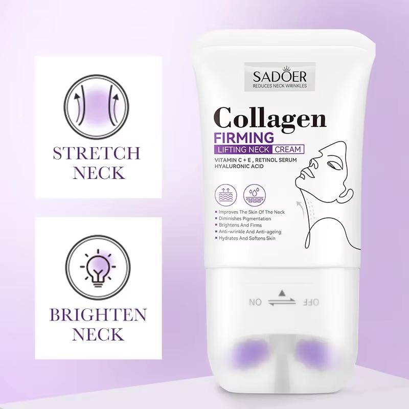 Sadoer 110ml Crème Raffermissante Neck Cream au Collagène Lifting Hydratante Éclaircissante Rouleau de Massage Crème Beauté Cou Soins de la Peau du Cou