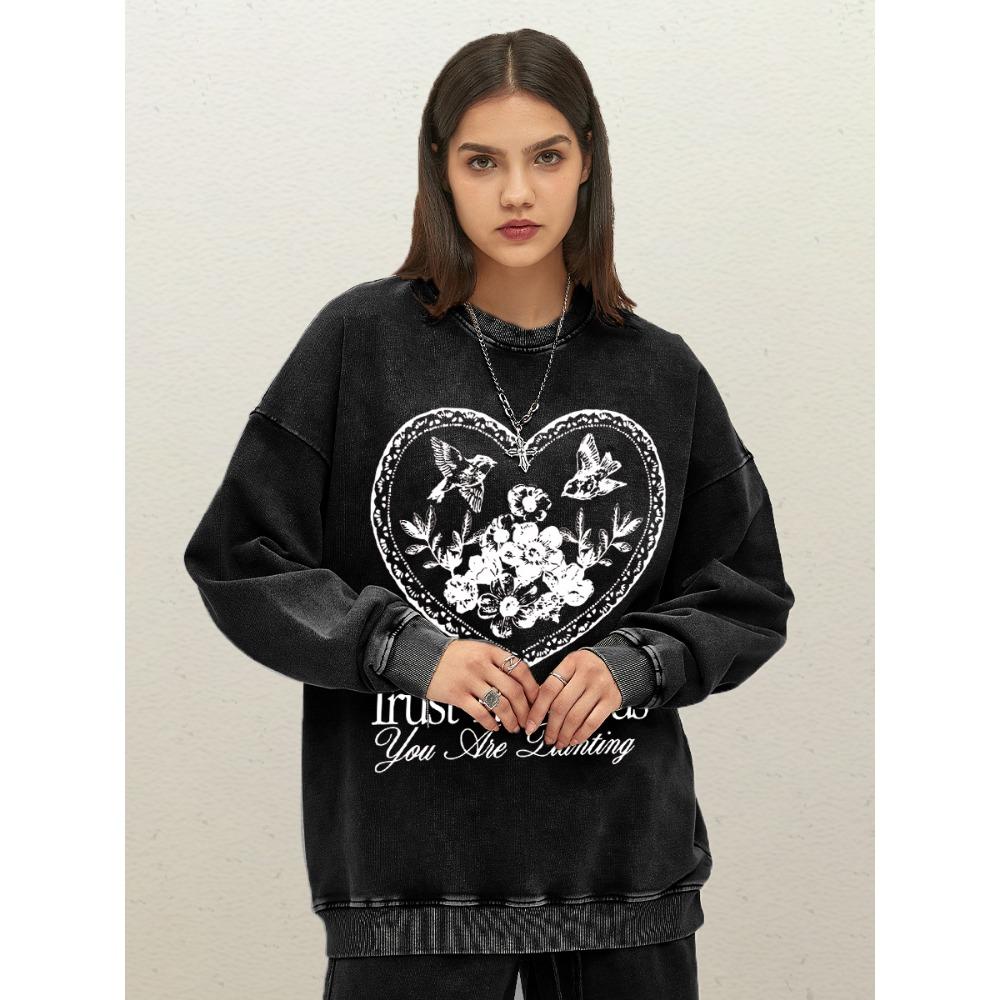 Trust The Seeds You The Planting Love Flower Print Sportswear Women O-Neck Casual Washed Sweatshirt Cotton Loose
