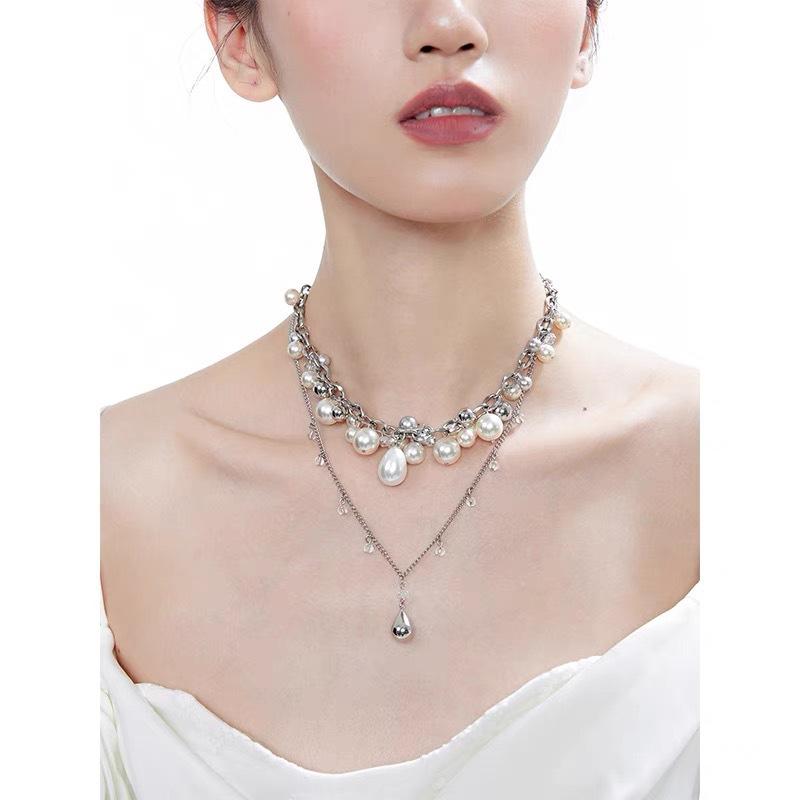 Pearl Neck Chain Double Stacked Necklace Female Original Design Water Drop Cold Wind Collarbone Chain High-end Accessories