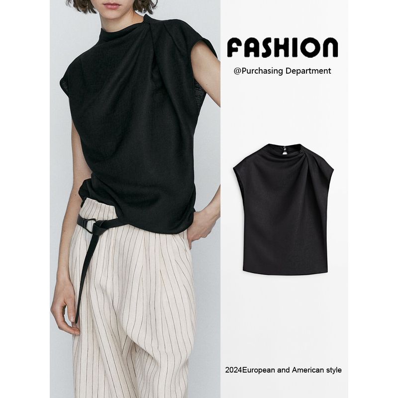 Za2024 Summer New Product Women's Clothes Shoulder Draped Design Flounced Sleeve Elegant Tops Shirt 05122530 800