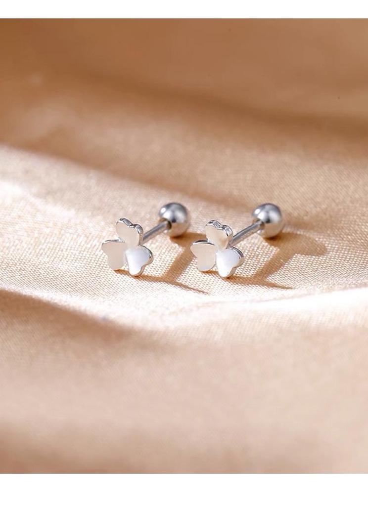 S999 Sterling Silver Three-Leaf Clover Screw Back Stud Earrings for Women - Sleep-Friendly, Easy Ear Care