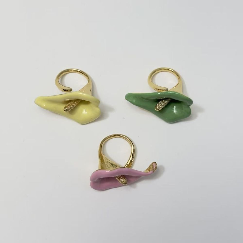 Metal Geometric Open Ring Adjustable Vintage Ring Elegant Enamel Calla Flower Ring Women