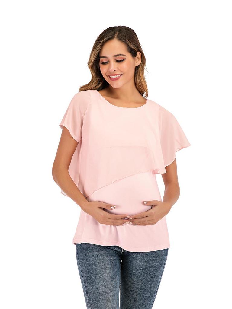 2023 Women's Chiffon Patchwork Maternity Nursing Top, Summer Short Sleeve