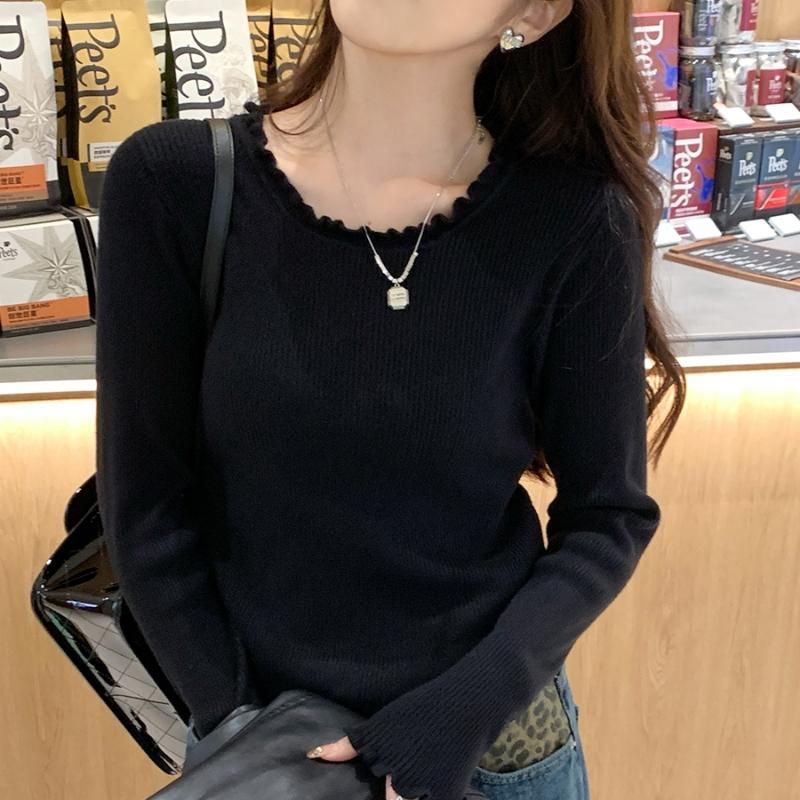 Autumn Knitted Ruffles O-neck Long Sleeve Slim Jumper Tops Women Sweater Pullover Solid Ladies Casual White Shirts Soft Sweaters