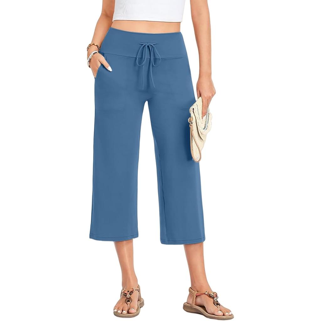 Women Summer Casual Drawstring Waist Wide Leg Cropped Pants with Pockets Lightweight Loose Fit Lounge Capri Trousers for Yoga and Everyday Wear