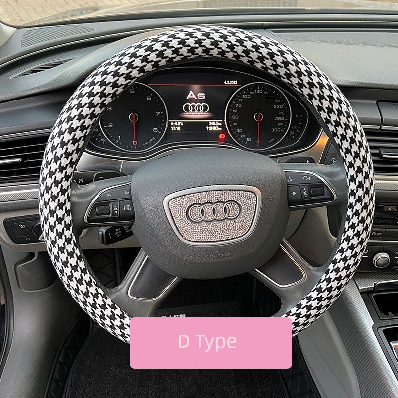 Car Steering Wheel Cover Summer Cotton Linen Breathable Non-Slip Goddess Houndstooth Bow All-Season Universal Handlebar Cover