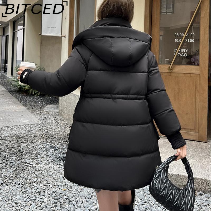 BITCED Plus Size Women's Mid-Length Winter Coat with Waist-Defining Hood, Oversized Pockets and Thickened Quilted Lining