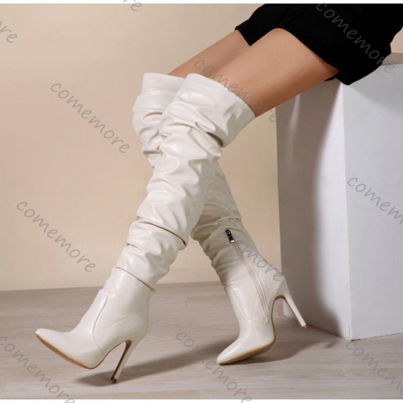 Fashion Comemore Plissierte Oberschenkelhohe Lange Stiefel Sexy Spitzzehe Reißverschluss Über dem Knie Damenstiefel Hohe Absätze Einfarbige Schuhe für Damen