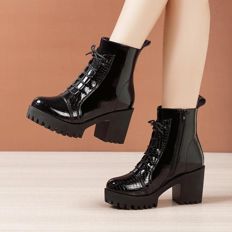 8cm Small Size 32-43 British Thick Bottom Platform Shoes Fall Winter 2025 Block High Heels Leather Short Ankle Boots for Women