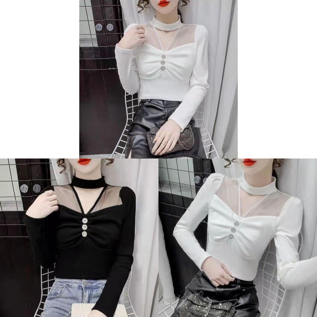 Tshirt For Women Spring Oversize Mesh Panel Stand Collar Embroidered Sleeveless Casual